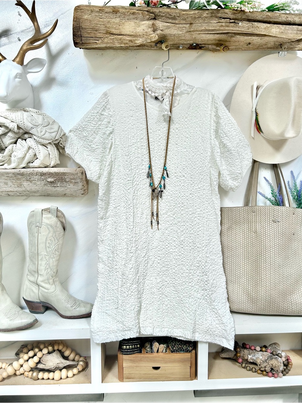 Zara White Textured puff Short Sleeve boho Dress resort vacay beach vibe